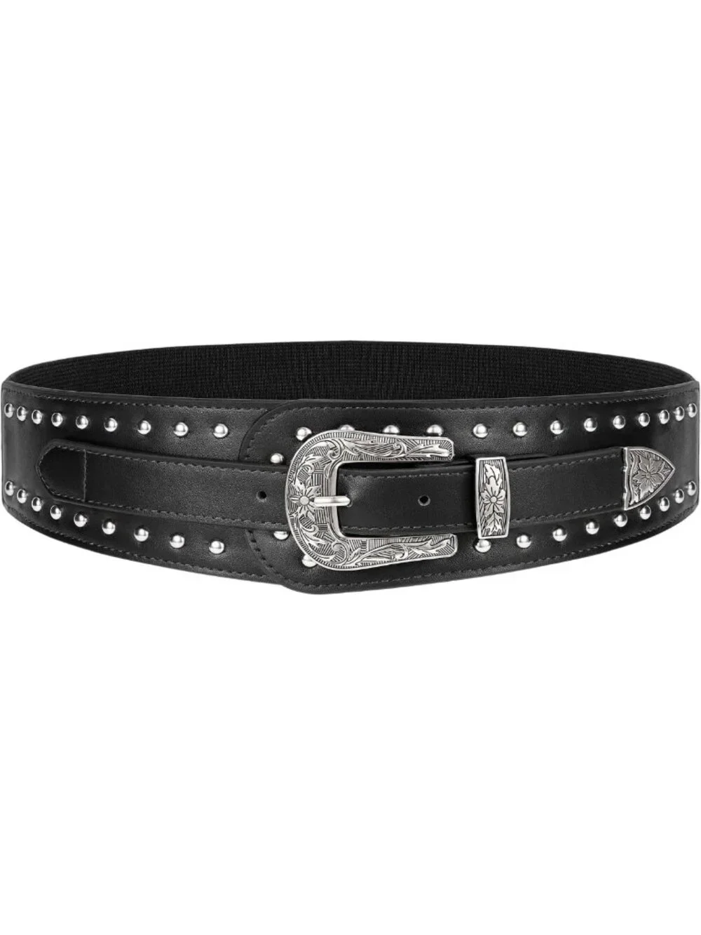 Vintage-Inspired Wide Stretch Belt with Studded Buckle | Faux Leather Elastic